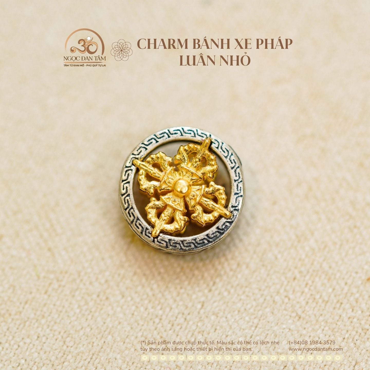  Charm Bánh Xe Pháp Luân Nhỏ 10,24mm - Bạc 925 Mạ Vàng Cao Cấp 