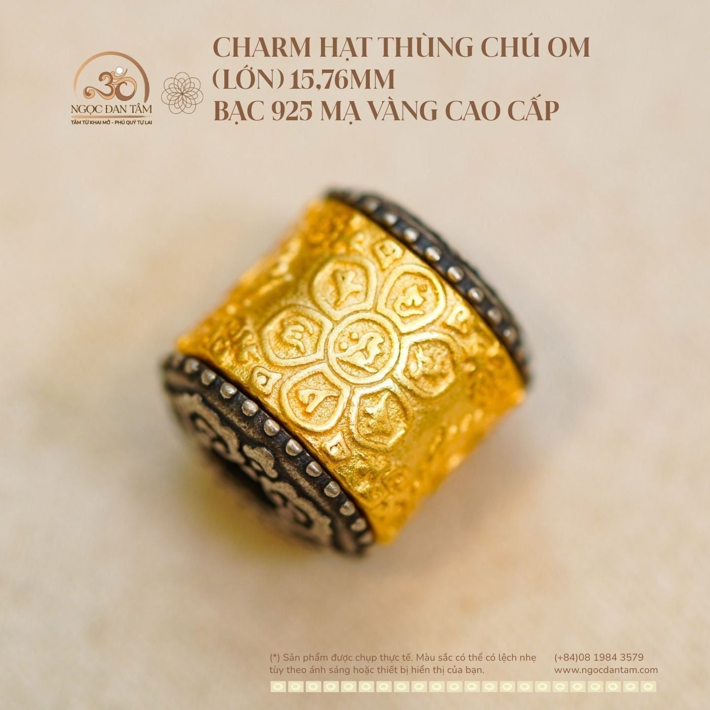  Charm Hạt Thùng Chú Om (lớn) 15,76mm - Bạc 925 Mạ Vàng Cao Cấp 