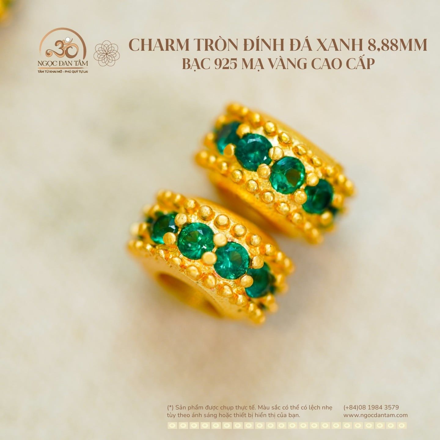  Charm Tròn Đính Đá Xanh Mạ Vàng - Bạc 925 Mạ Vàng 