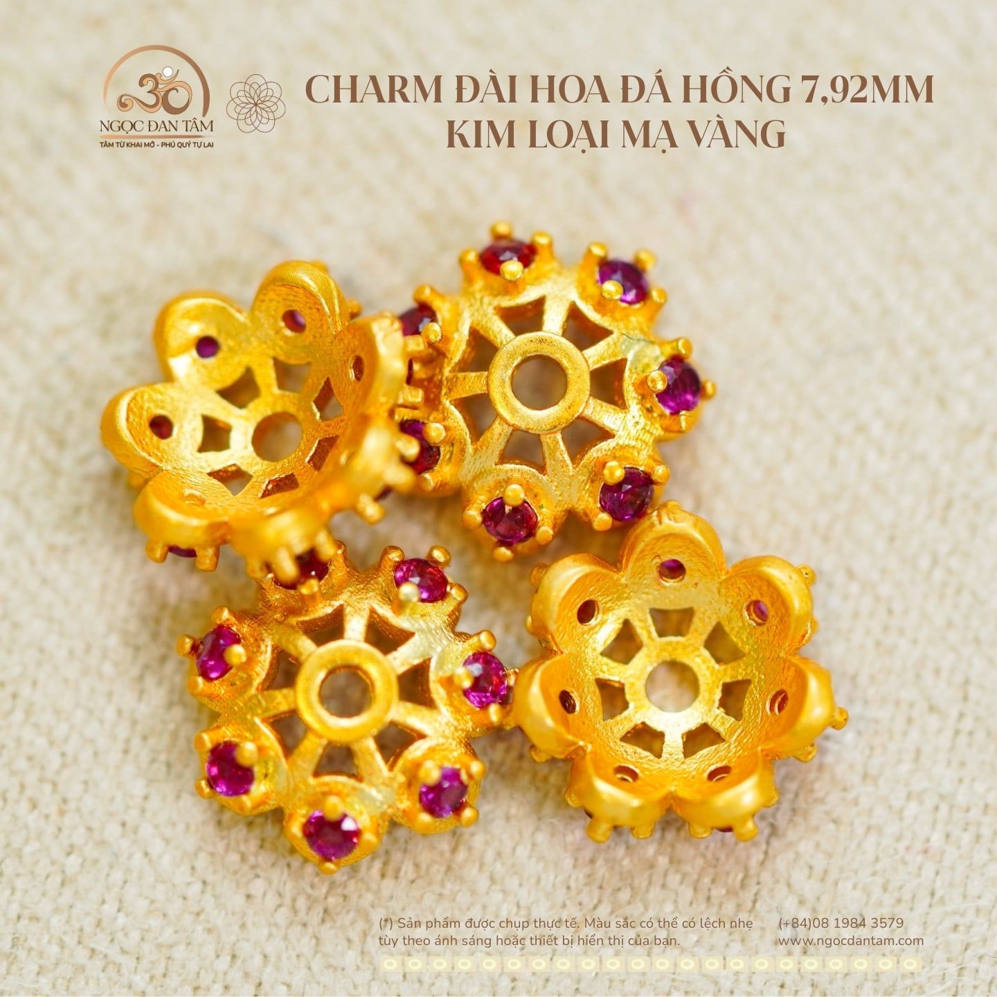  Charm Đài Hoa Đá Hồng - Kim Loại Mạ Vàng 