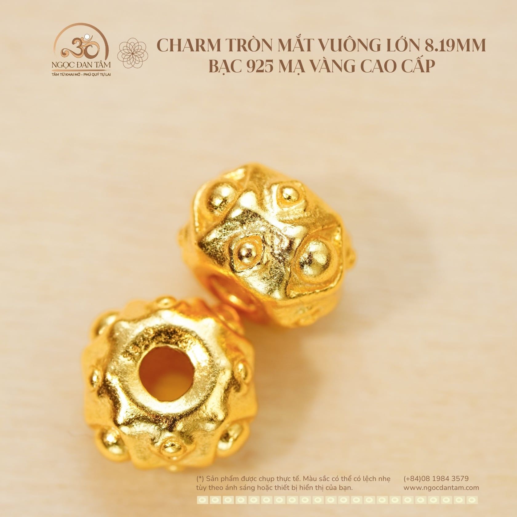  Charm Tròn Mắt Vuông Lớn 8.19mm - Bạc 925 Mạ Vàng Cao Cấp 