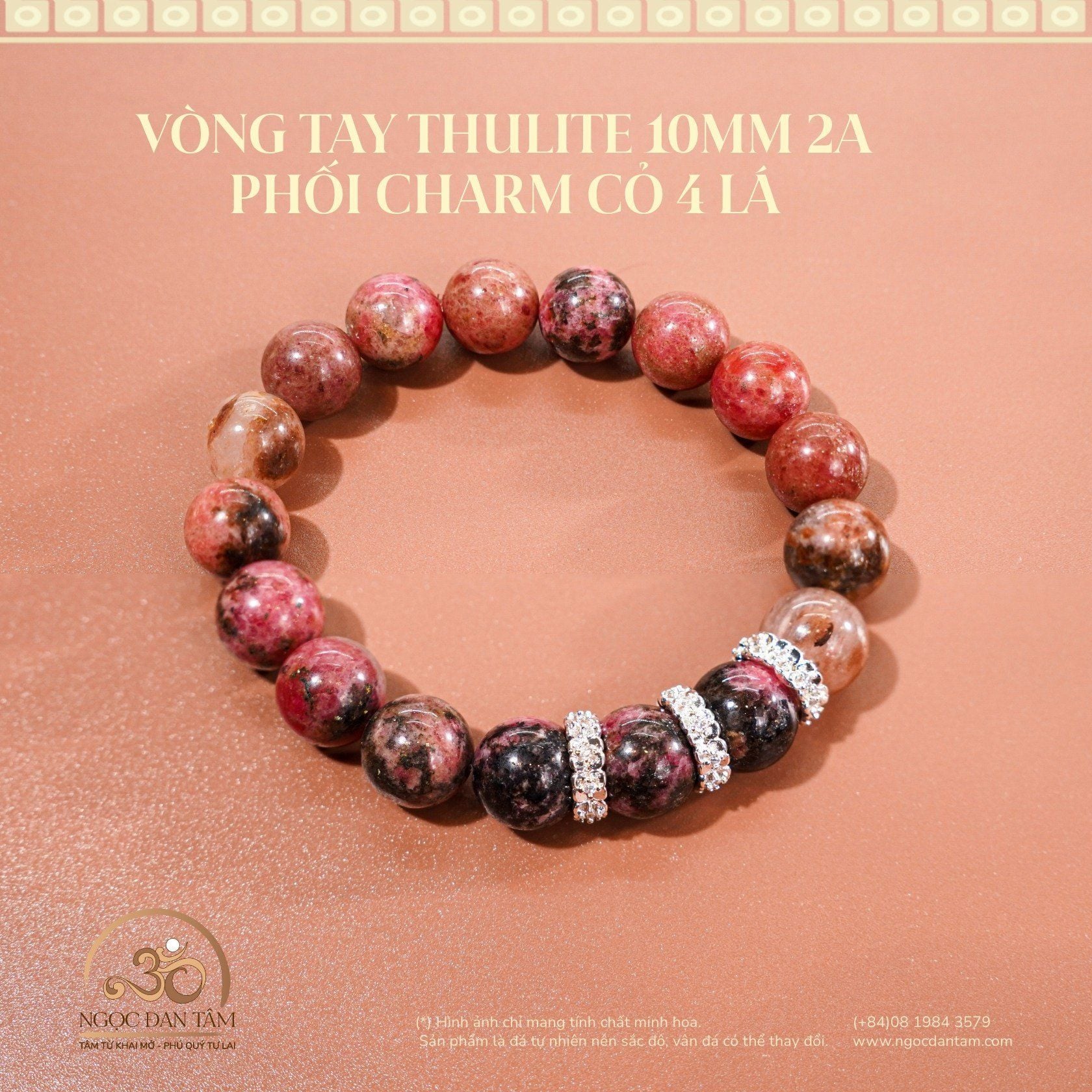  Vòng Tay Thulite 10mm 2A Phối Charm Cỏ 4 Lá 