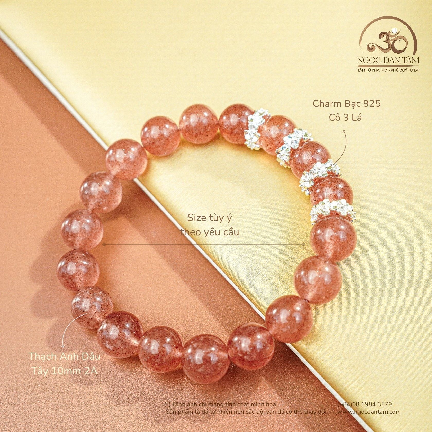  Vòng Tay Đá Thạch Anh Dâu Tây 10mm 2A Phối Charm Bạc 
