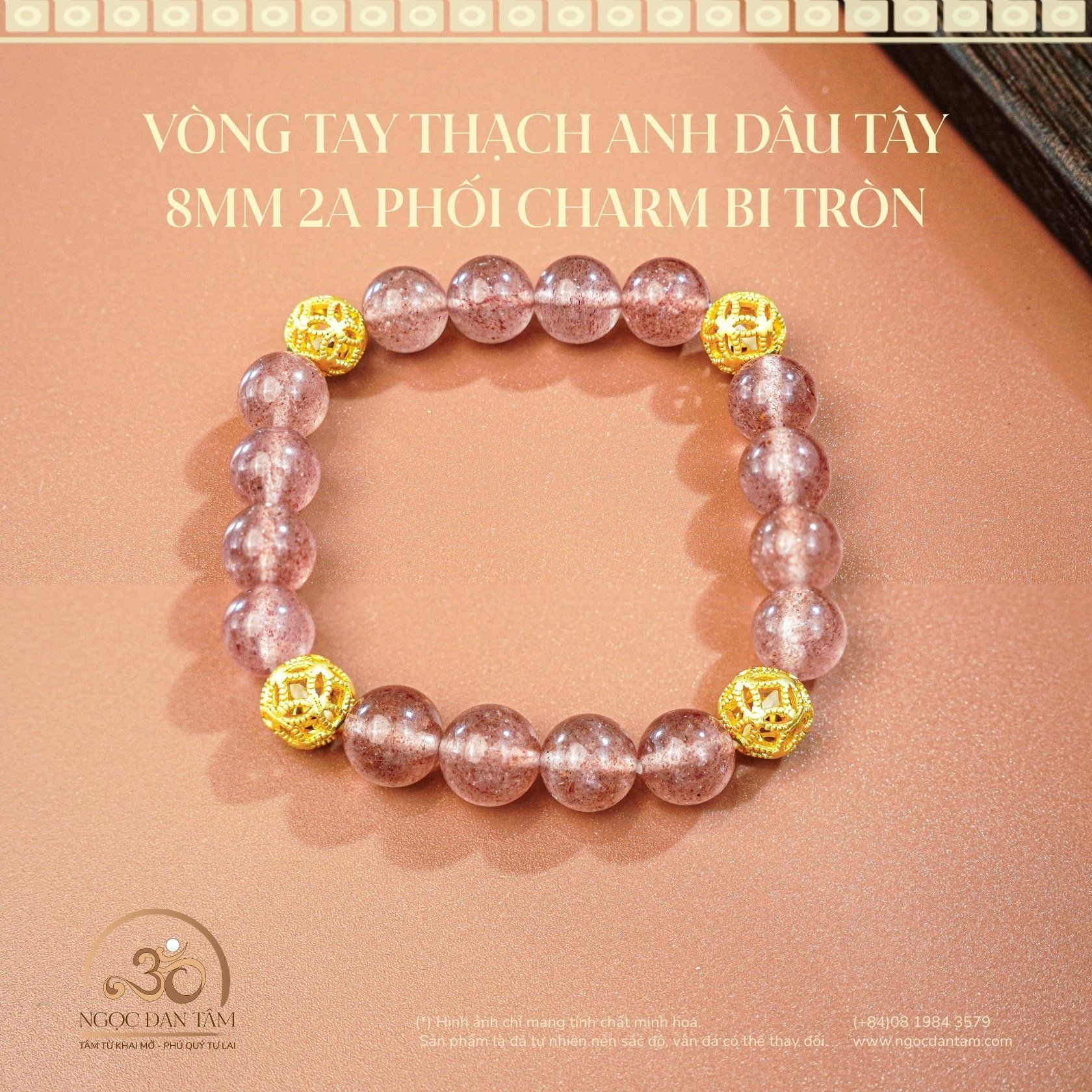  Vòng Tay Đá Thạch Anh Dâu Tây 8mm 2A Phối Charm Bi Tròn 