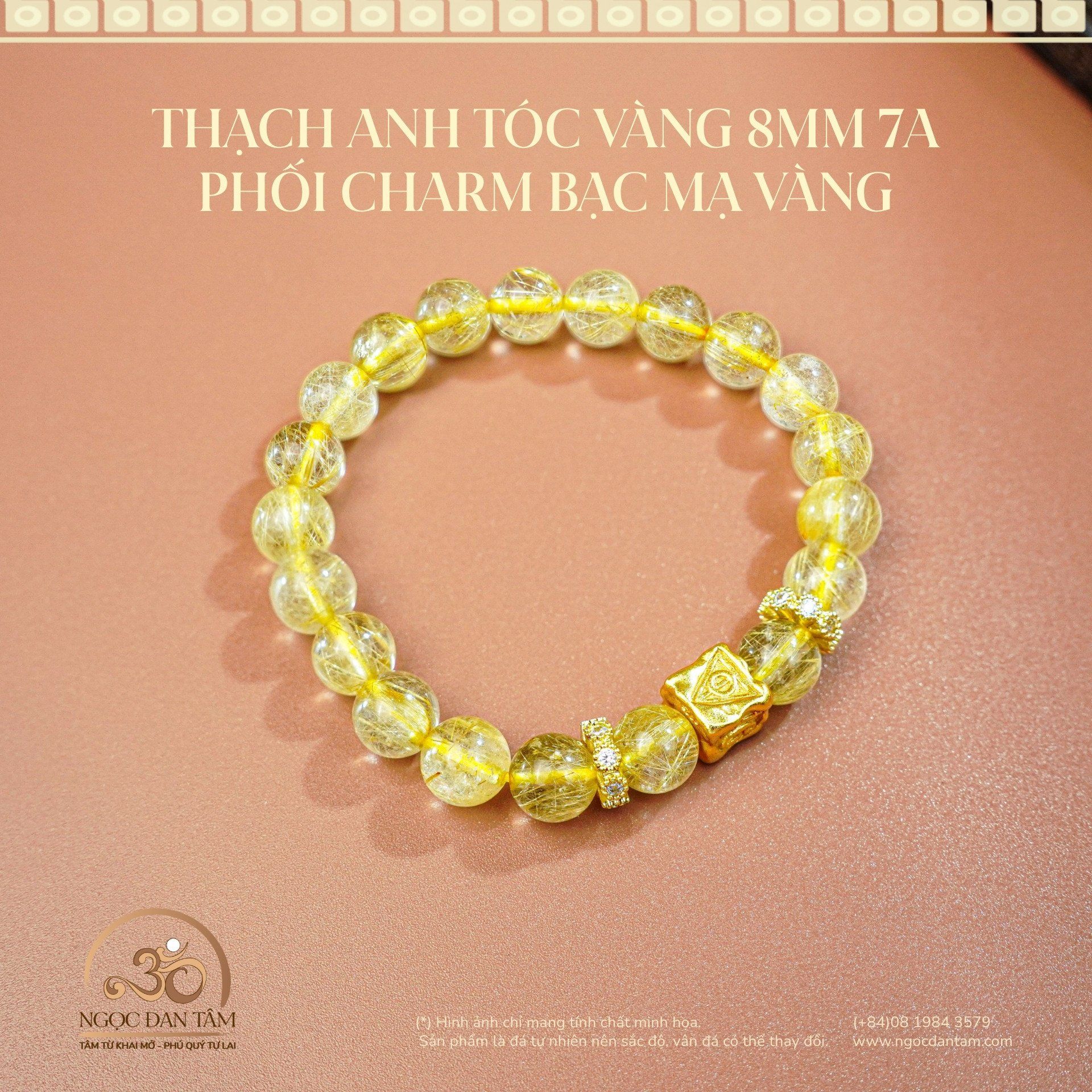 Thạch Anh Tóc Vàng 8mm 7A Phối Charm Bạc Mạ Vàng 