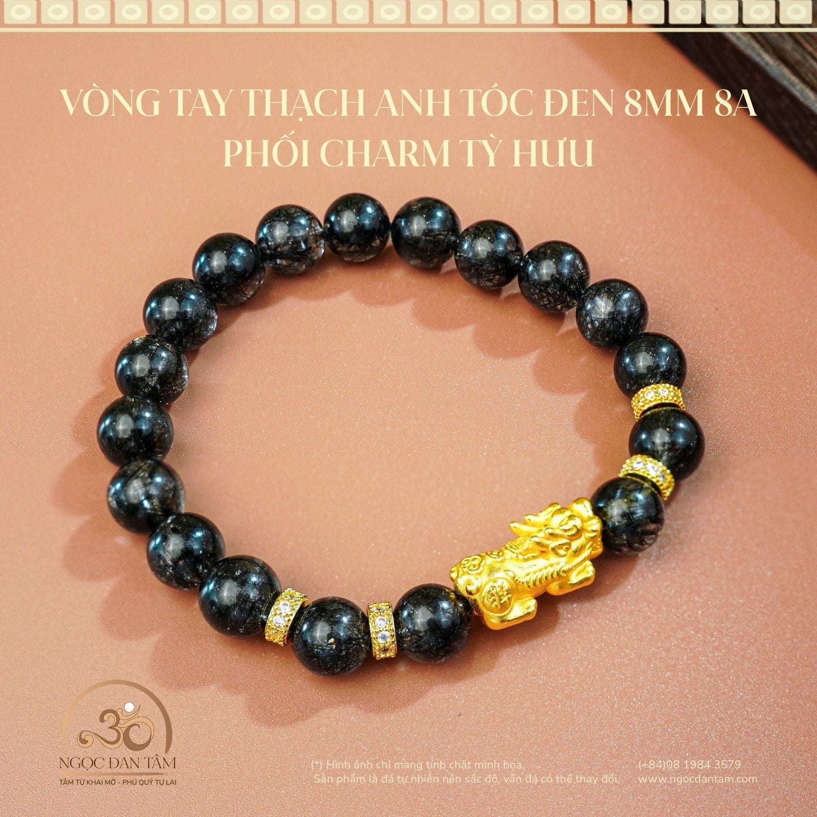  Vòng Tay Thạch Anh Tóc Đen 8A 8mm Phối Charm Tỳ Hưu 