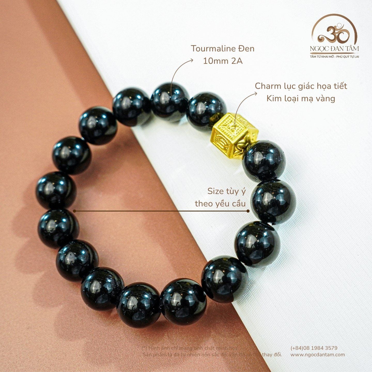  Vòng Tay Tourmaline Đen 10mm 2A Phối Charm Lục Giác Họa Tiết 