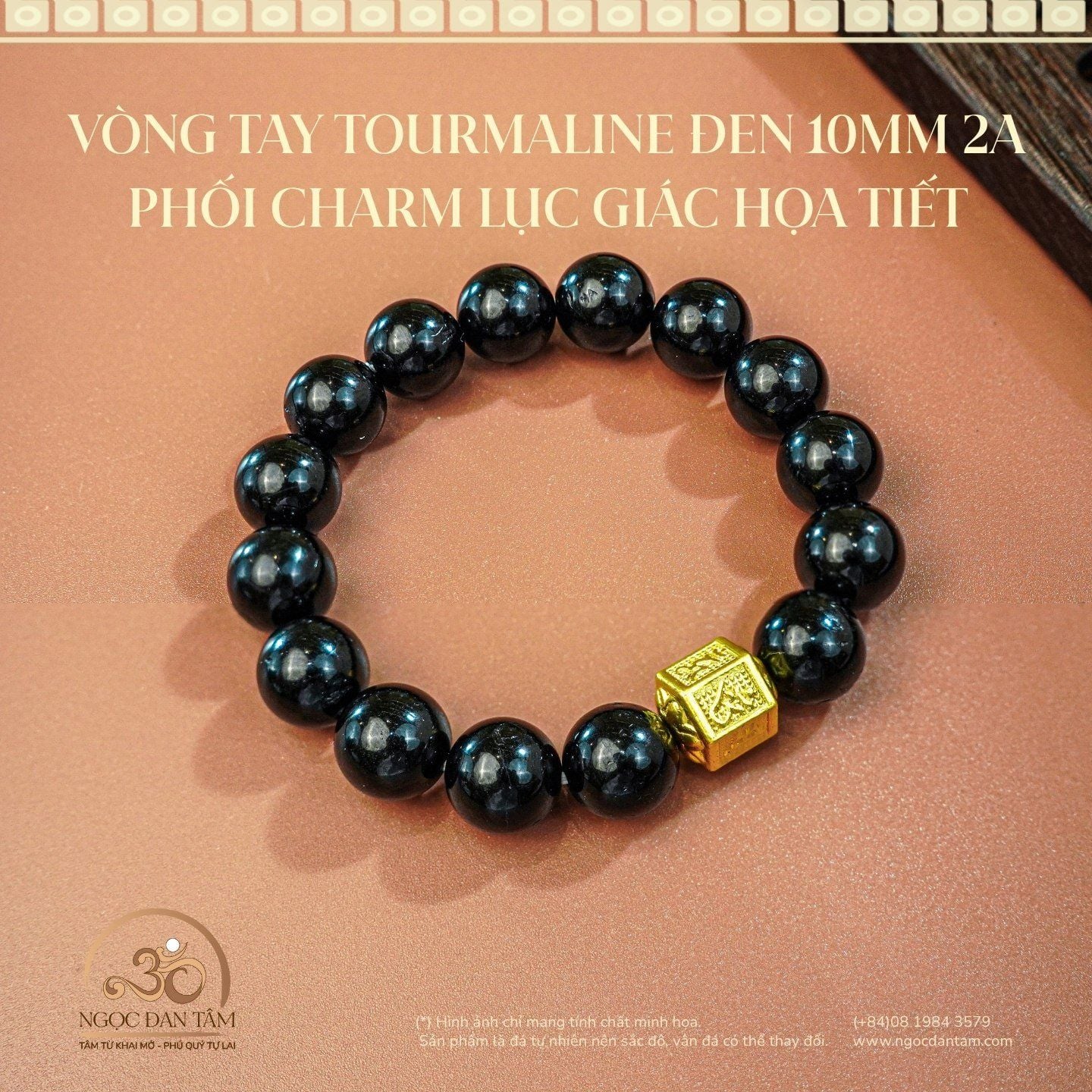  Vòng Tay Tourmaline Đen 10mm 2A Phối Charm Lục Giác Họa Tiết 