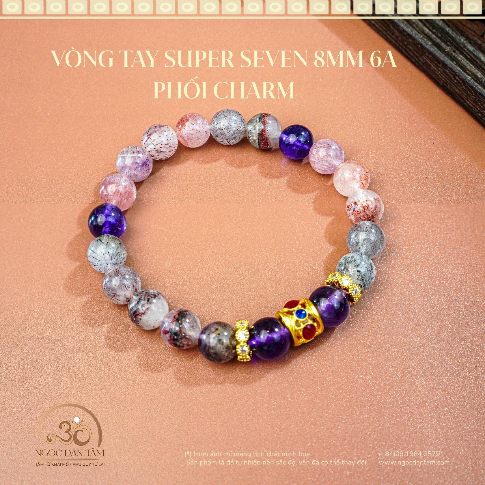  Vòng Tay Đá Super Seven 8mm 6A Phối Charm 