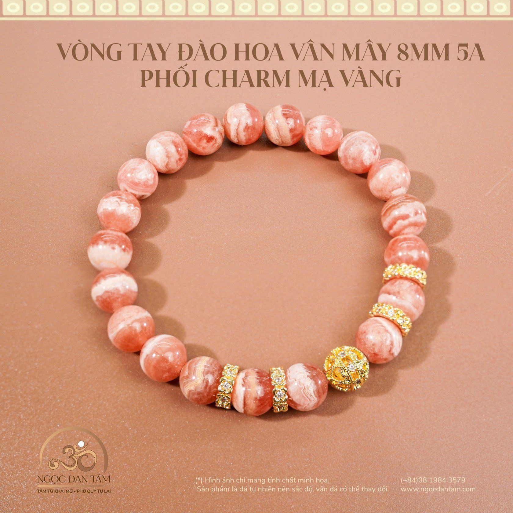  Vòng Tay Đào Hoa Vân Mây 8mm 5A Phối Charm 