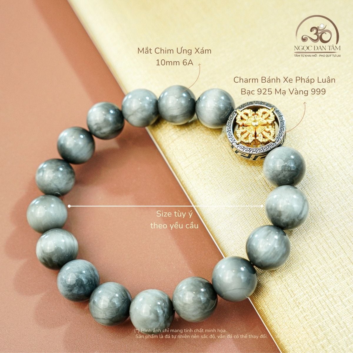  Vòng Tay Mắt Chim Ưng Xám 6A - 10mm Phối Charm Bánh Xe Pháp Luân 