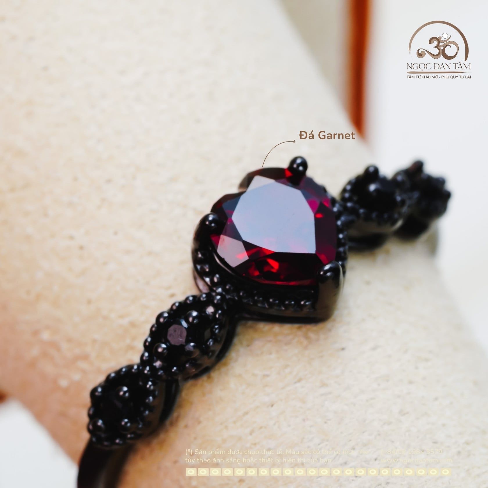  Nhẫn Bạc Đen 925 Đính Đá Garnet 6mm 