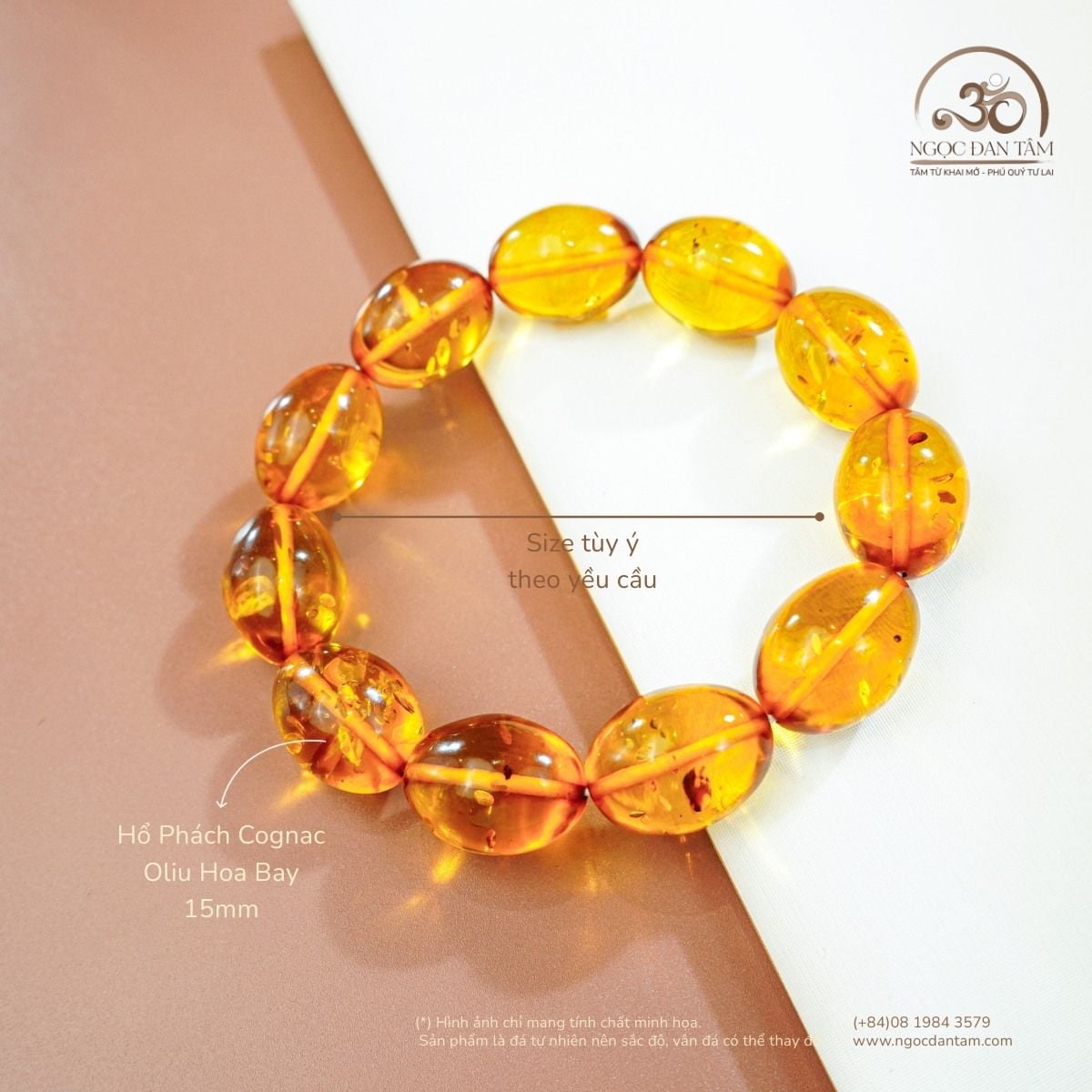  Vòng Tay Hổ Phách Cognac Oliu Hoa Bay 15mm 27gram 