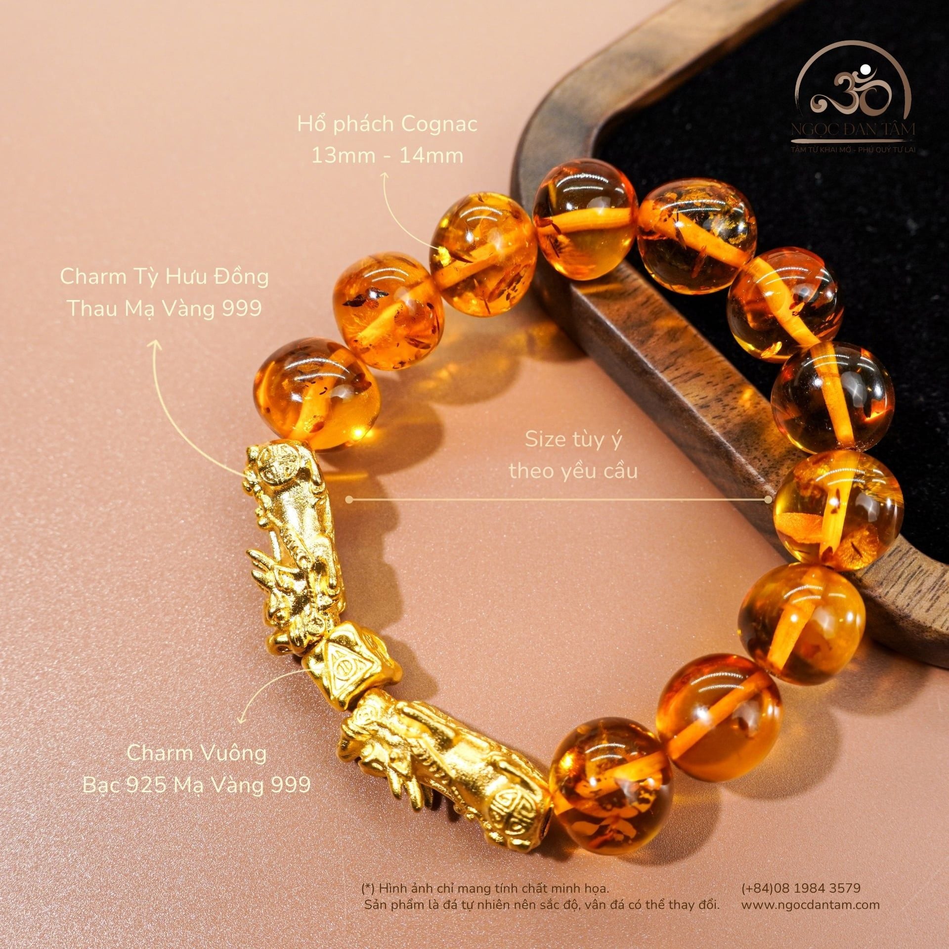  Vòng Tay Hổ Phách Phối Tỳ Hưu 13mm - 14mm 