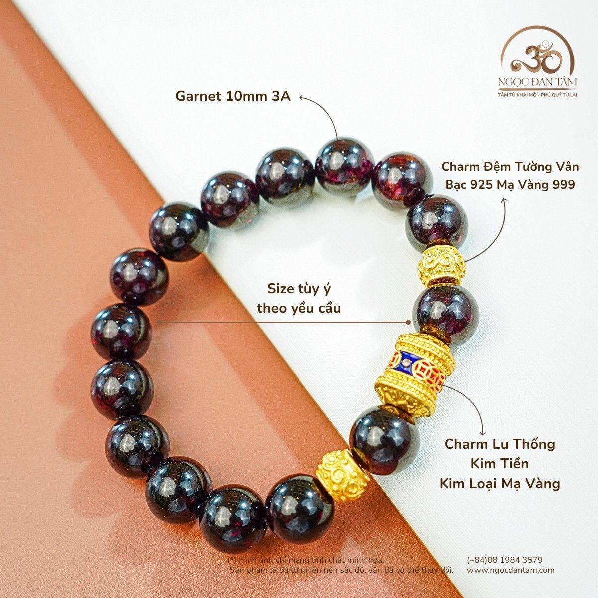  Vòng Tay Đá Garnet 10mm 3A Phối Charm Lu Thống 