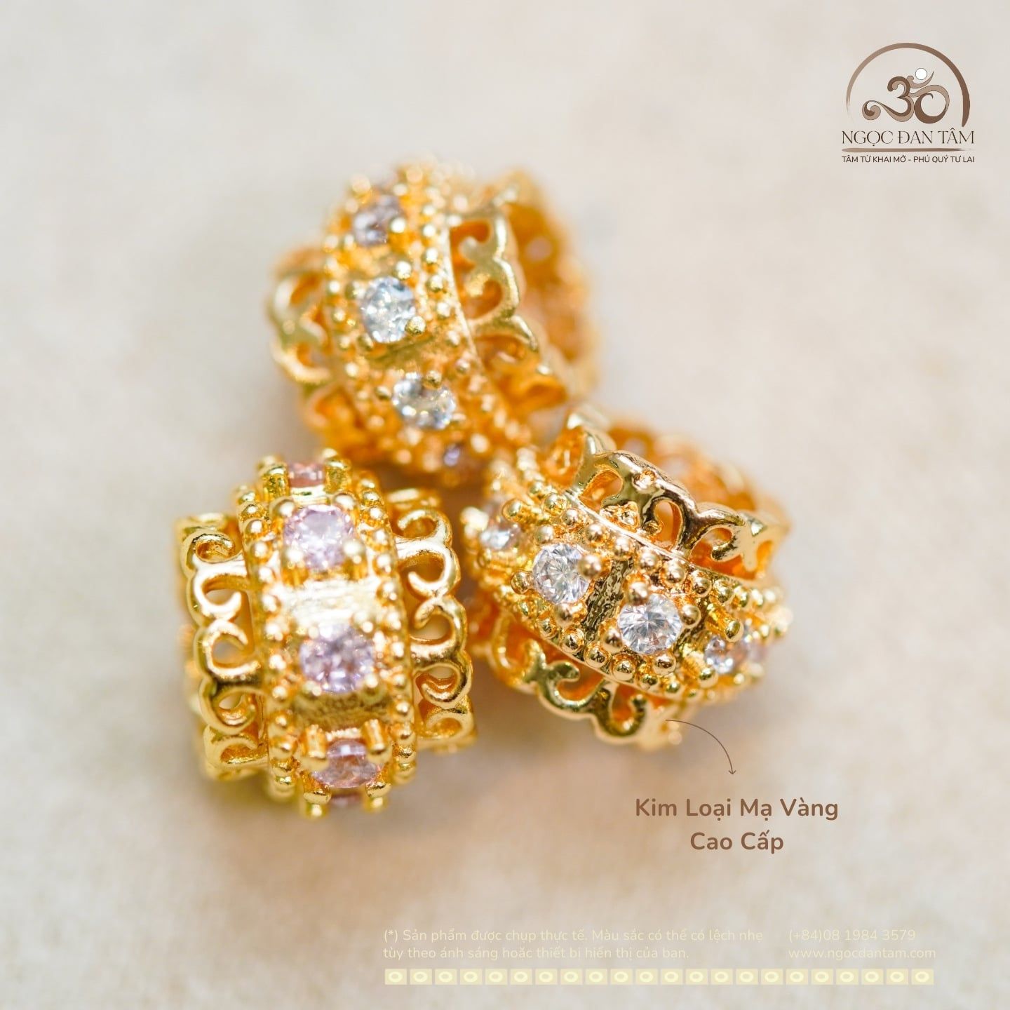  Charm Trụ Tròn Đính Hạt Trắng 9,21mm - Kim Loại Mạ Vàng 14K 