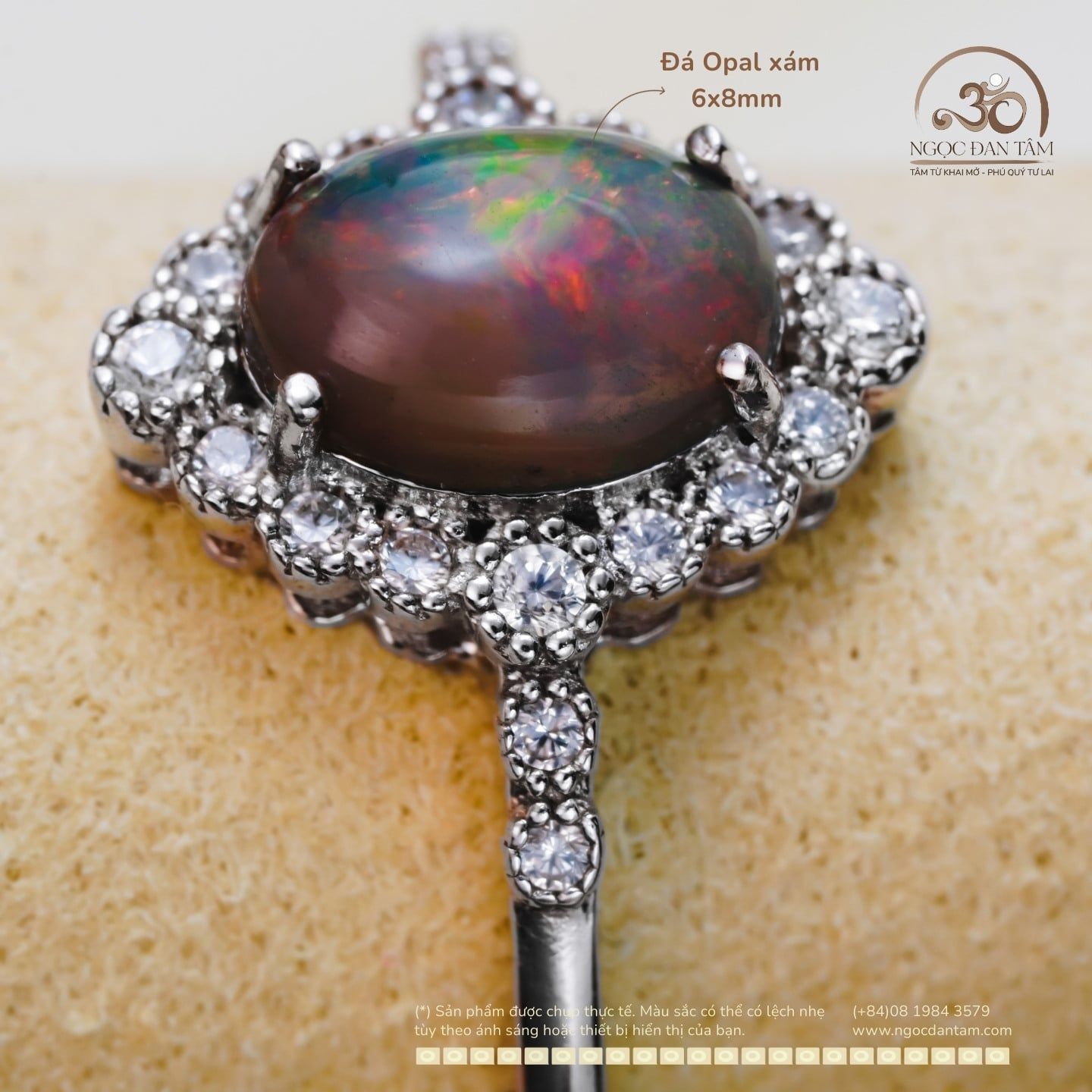  Nhẫn Bạc 925 Đính Đá Opal Xám 6x8mm 