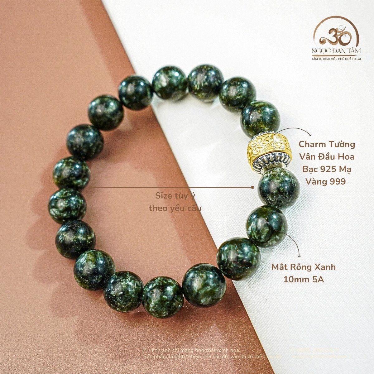  Vòng Tay Mắt Rồng Xanh Phối Charm Tường Vân Đầu Hoa 10mm 5A 