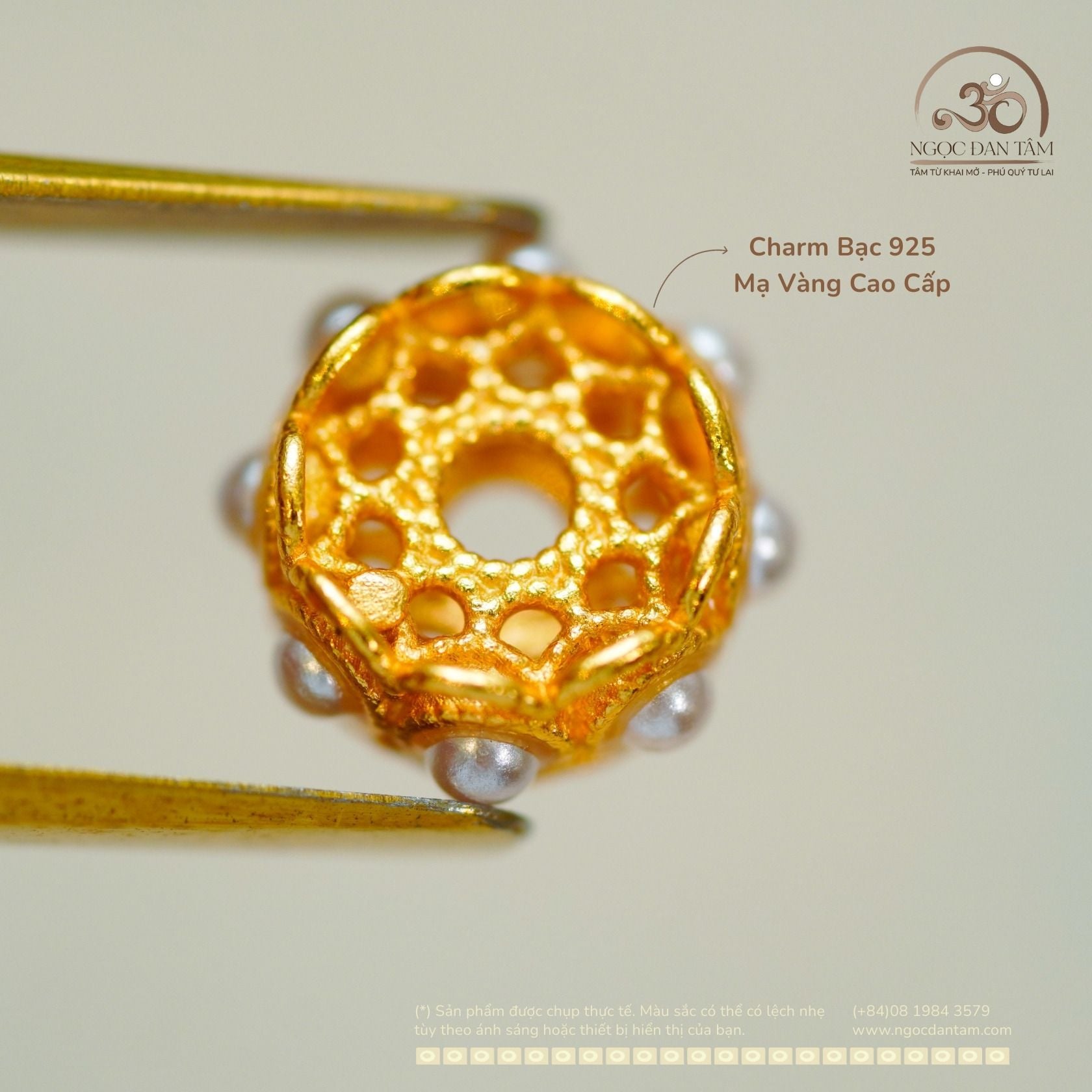  Charm Hoa bạc mạ vàng 8,86mm - Bạc 925 Mạ Vàng Cao 