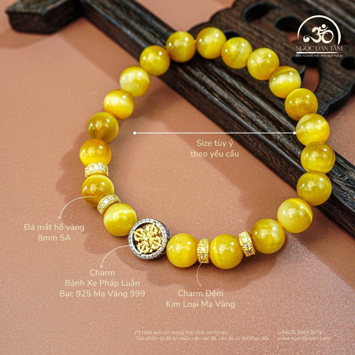  Vòng Tay Đá Mắt Hổ Vàng 8mm 5A Charm Bánh Xe Pháp luân 