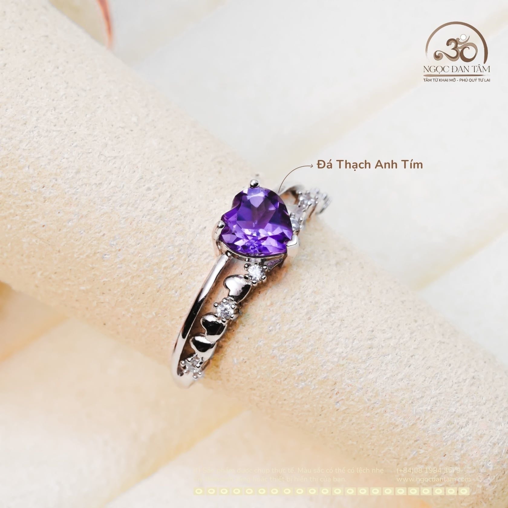  Nhẫn Bạc 925 Đính Đá Thạch Anh Tím Tim 6mm 