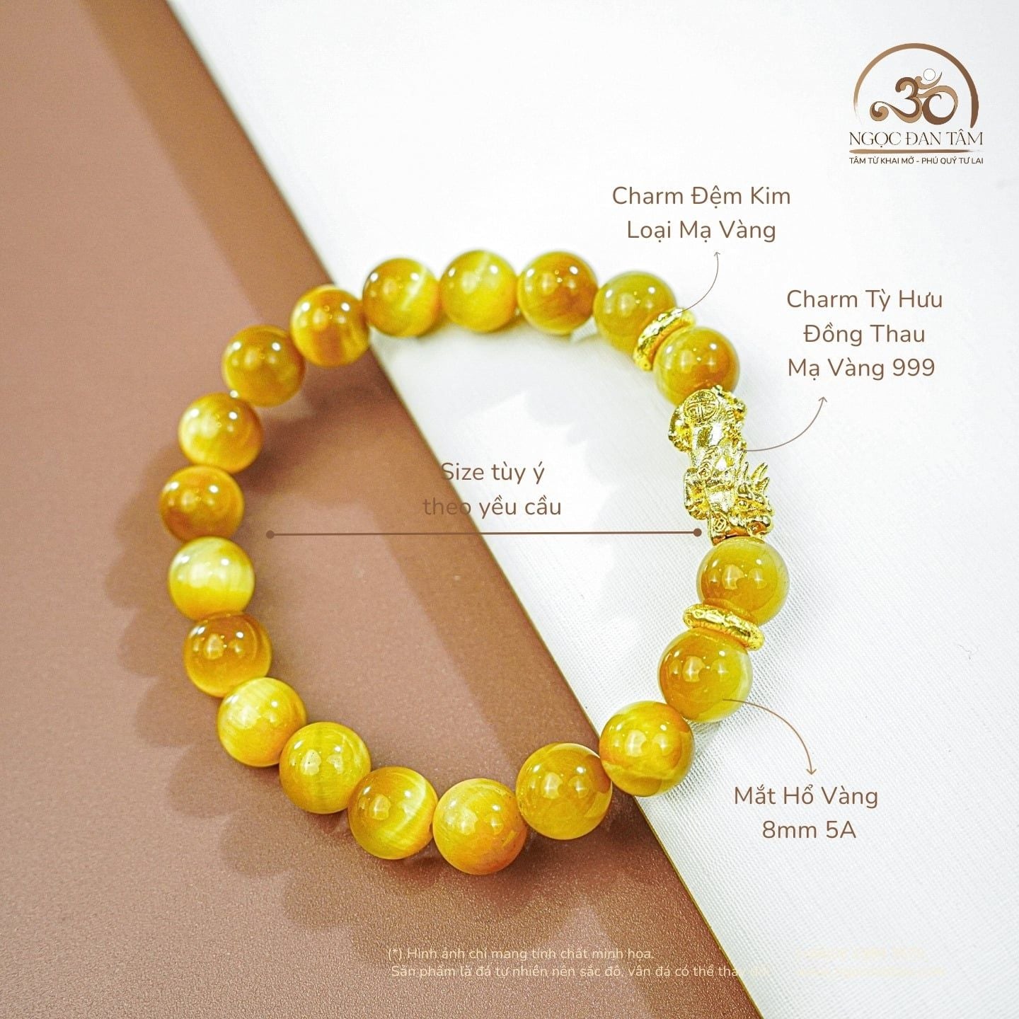  Vòng Tay Mắt Hổ Vàng Phối Tỳ Hưu 8mm 6A 