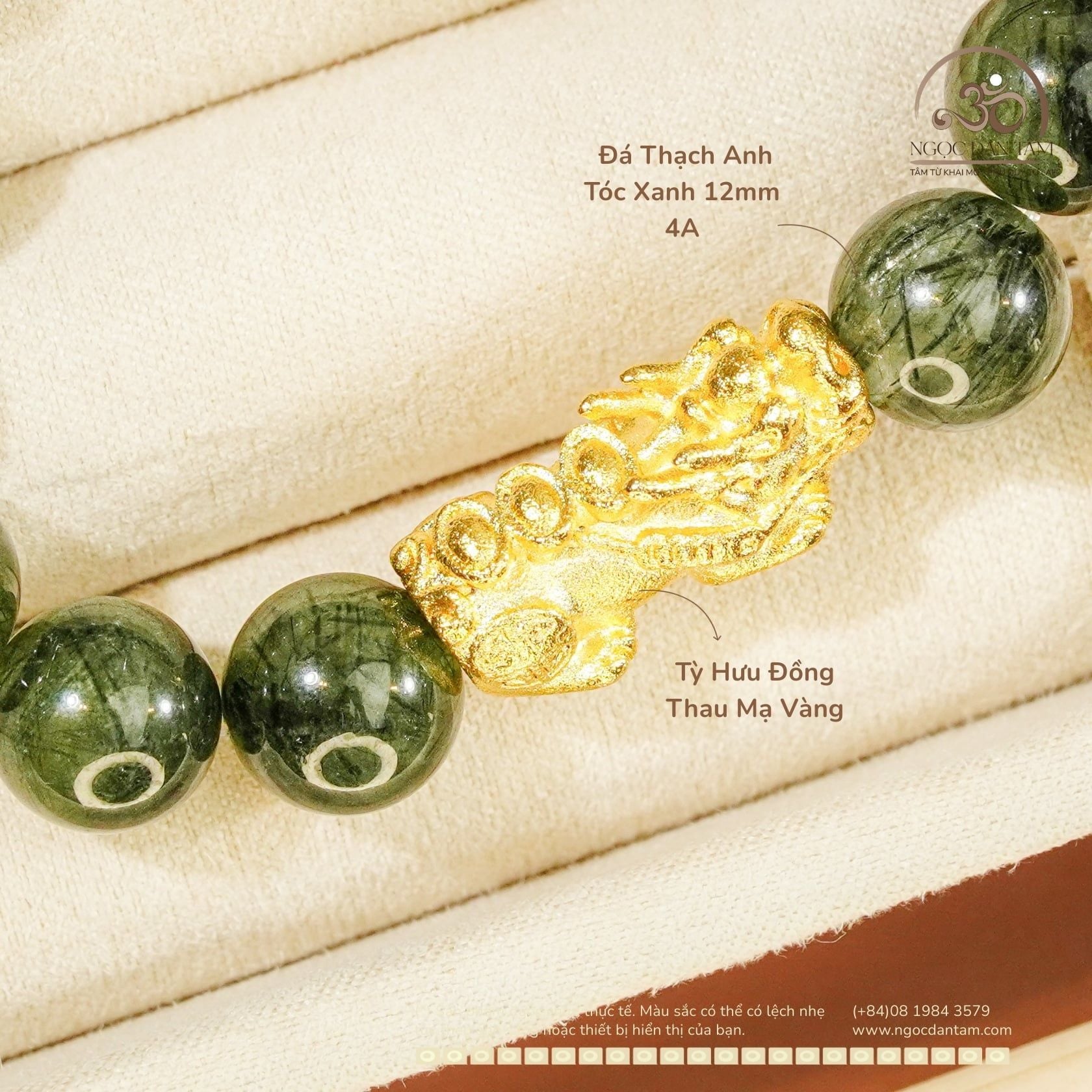  Vòng Tay Thạch Anh Tóc Xanh 12mm 4A Phối Charm Tỳ Hưu 