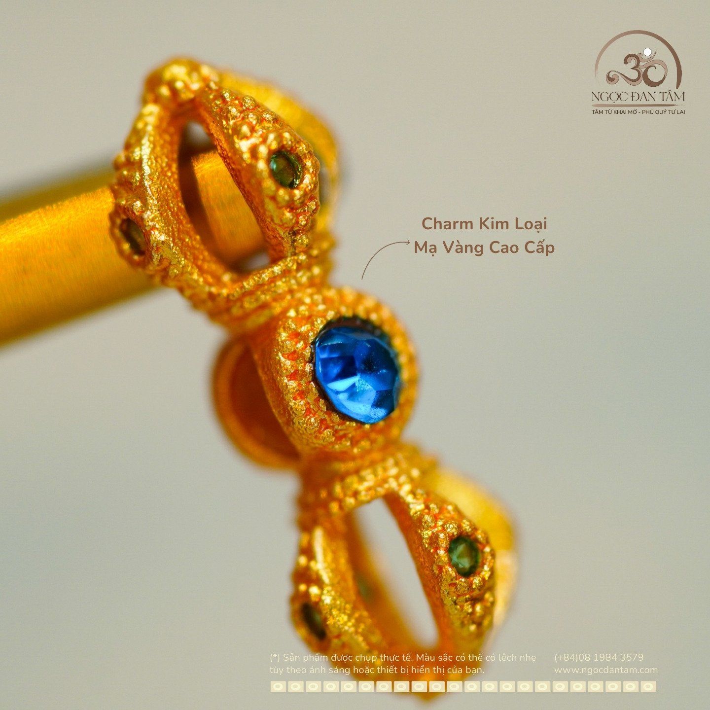  Charm Chùy Kim Cang Đính Ngọc Xanh 15,83mm - Charm Kim Loại Mạ Vàng Cao Cấp 