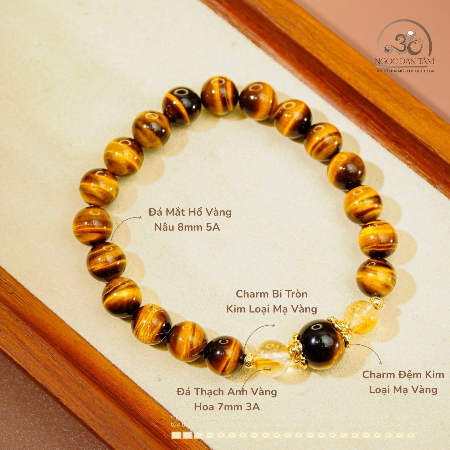  Vòng Tay Mắt Hổ Vàng Nâu 8mm 5A Phối Đá 