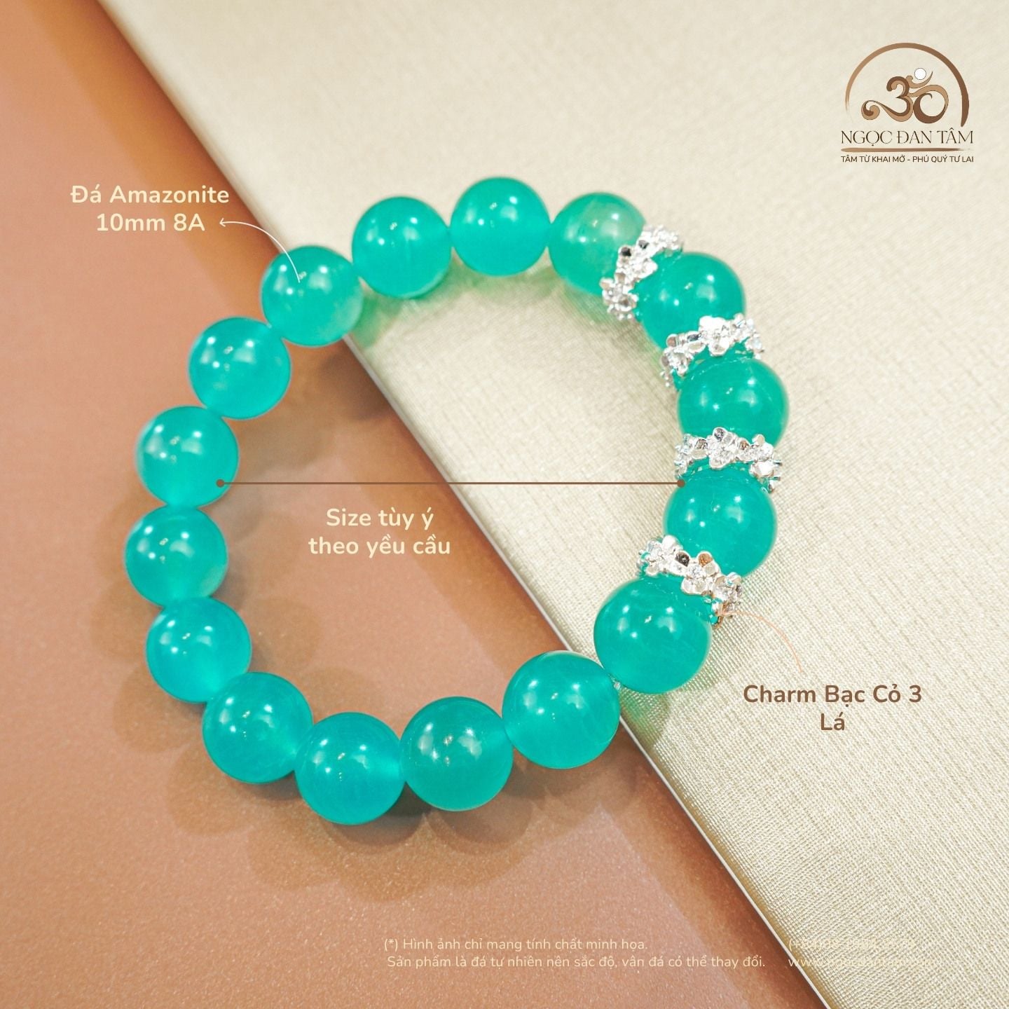  Vòng Tay Đá Amazonite 10mm 8A Phối Charm Cỏ 3 Lá 
