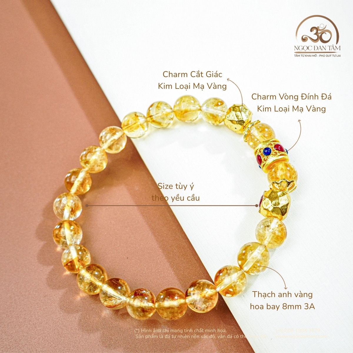  Vòng Tay Đá Thạch Anh Vàng Hoa Bay 8mm 3A Phối Charm Vòng Đính Đá 