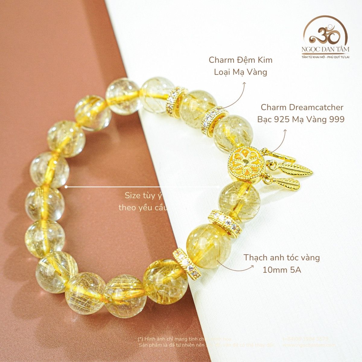  Vòng Tay Thạch Anh Tóc Vàng 10mm 5A Phối Charm Dream Catcher 