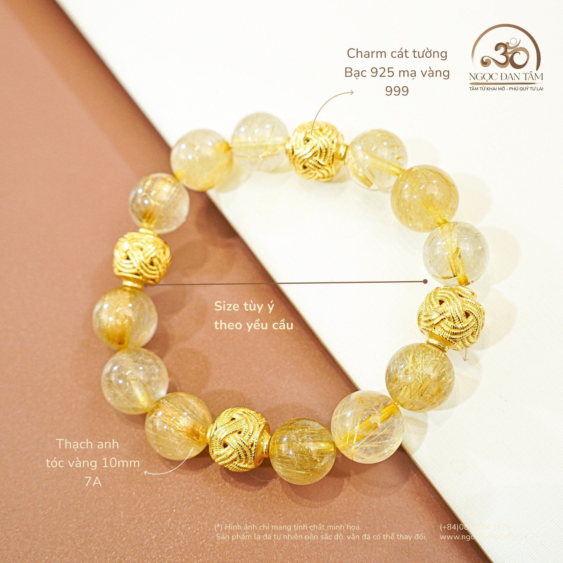  Vòng Tay Tóc Vàng 10mm 7A Phối Charm Cát Tường 