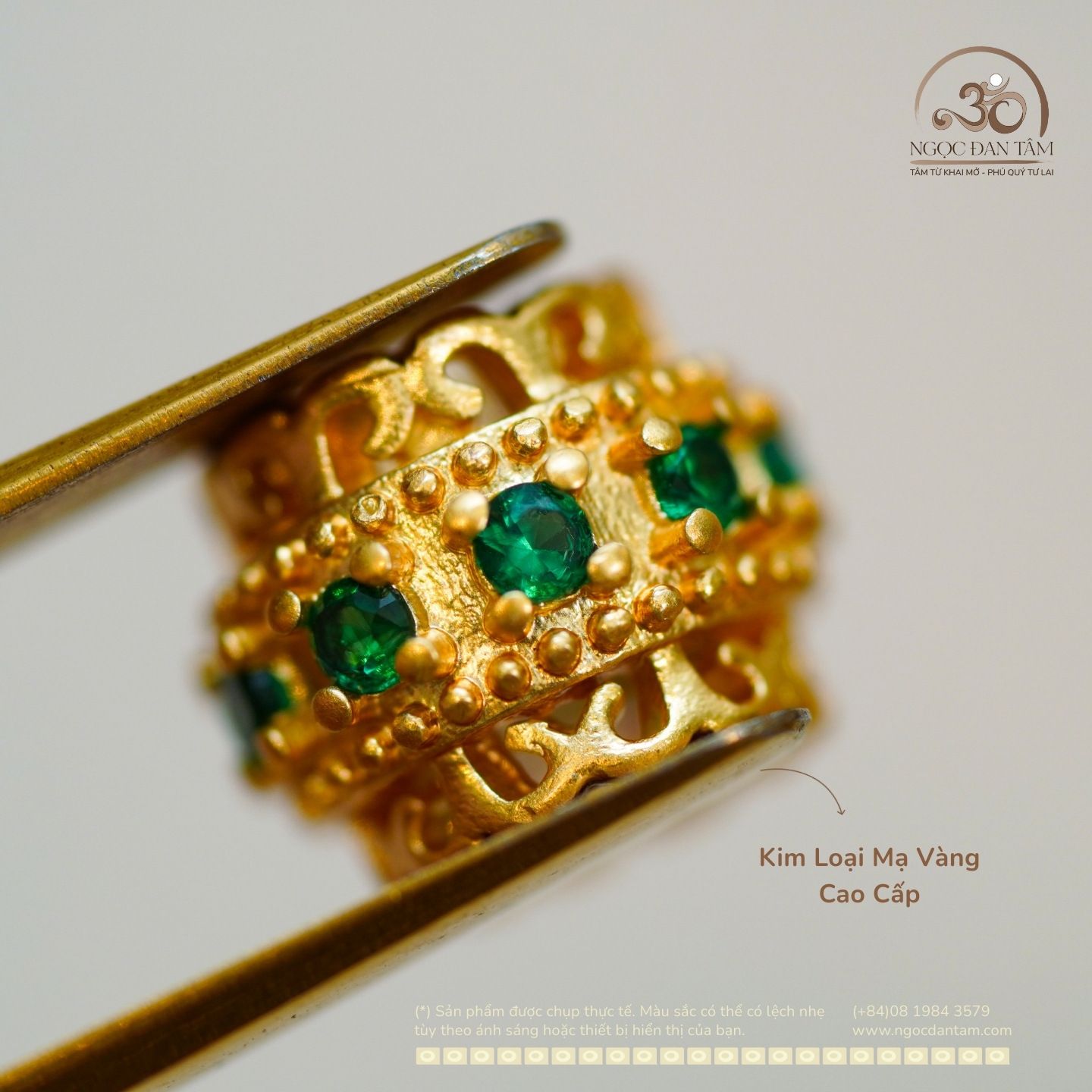  Charm Trụ Tròn Đính Hạt Xanh 9,51mm - Kim Loại Mạ Vàng Cao Cấp 