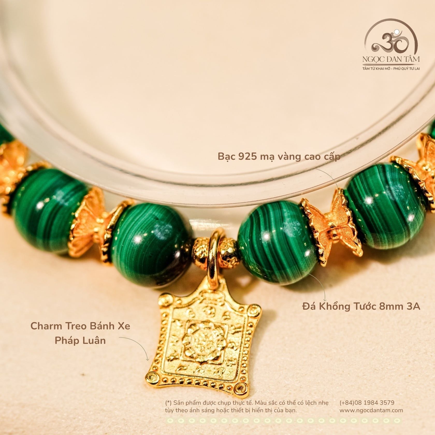  Vòng Tay Khổng Tước 8mm 3A Phối Charm Bánh Xe Pháp Luân 