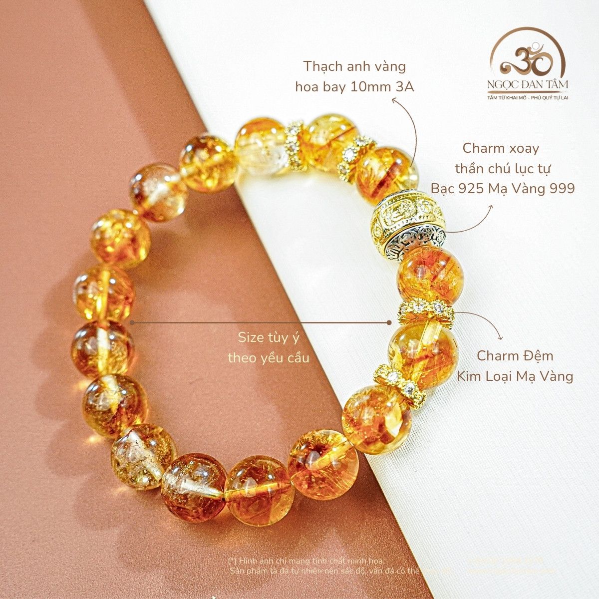  Vòng Tay Thạch Anh Vàng Hoa Bay 10mm 3A Phối Charm Lục Tự 