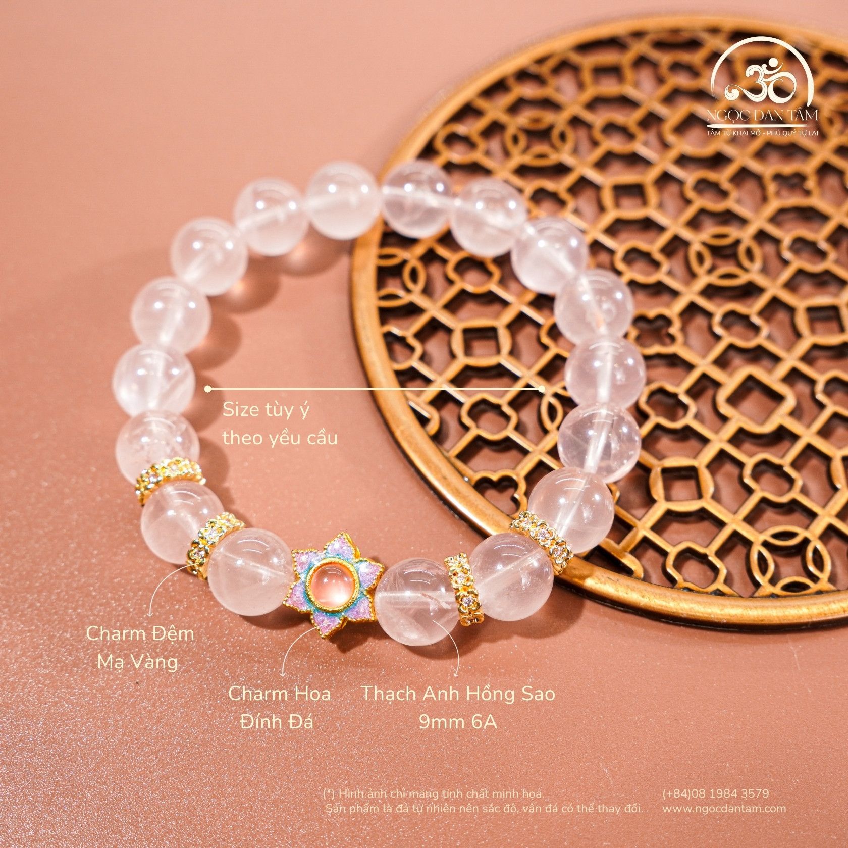  Vòng Tay Thạch Anh Hồng Sao 9mm 6A Phối Charm 