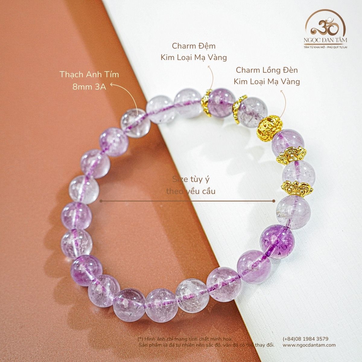  Vòng Tay Đá Thạch Anh Tím Lavender 8mm 3A Phối Charm Lồng Đèn 