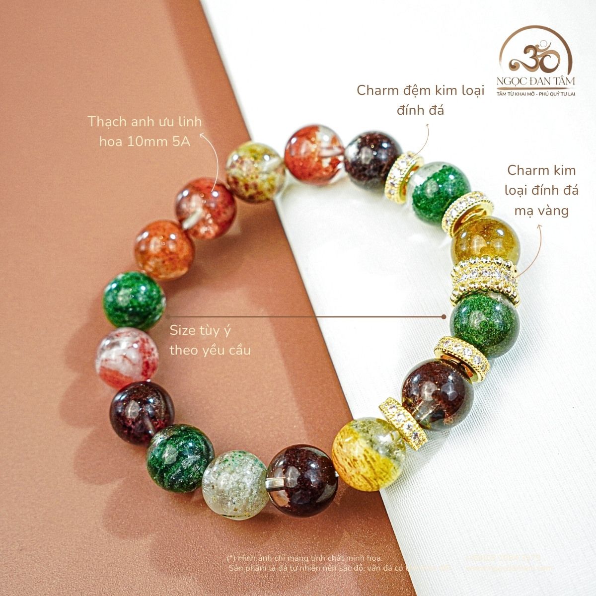  Vòng Tay Thạch Anh Ưu Linh Hoa 10mm 5A Phối Charm Bạc Mạ Vàng 
