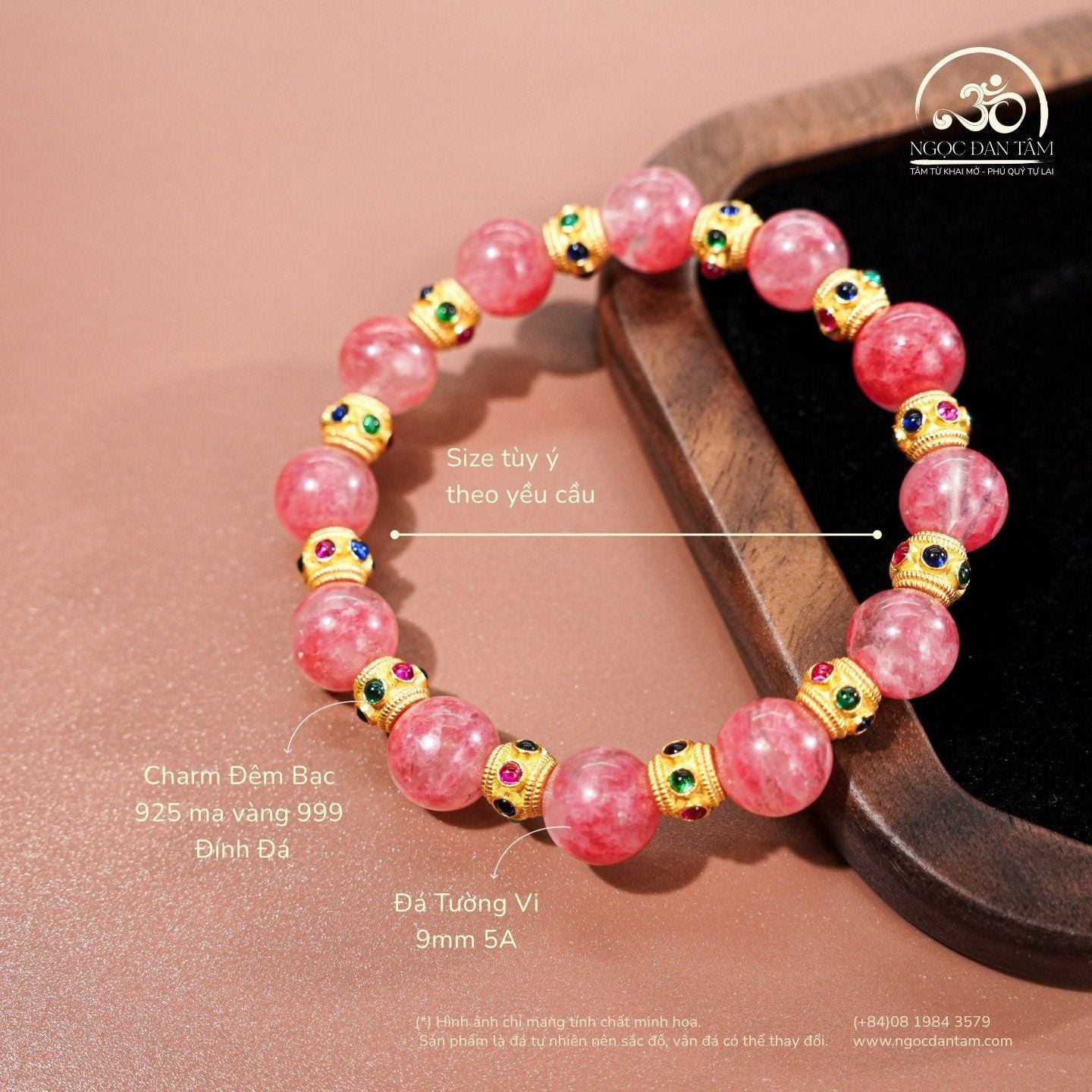  Vòng Tay Tường Vi 9mm 5A Phối Charm Đính Đá 