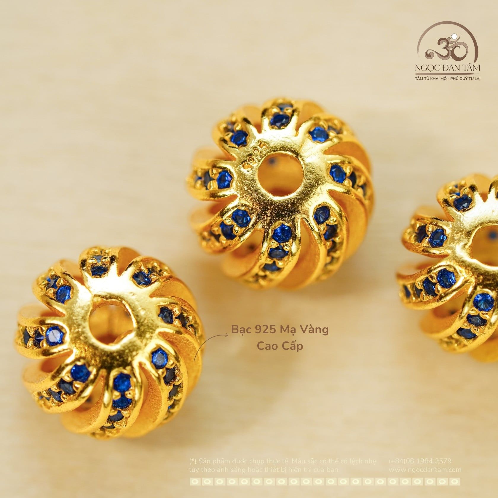  Charm Tròn Xoắn Đá Xanh 8.88mm - Bạc 925 Mạ Vàng Cao Cấp 