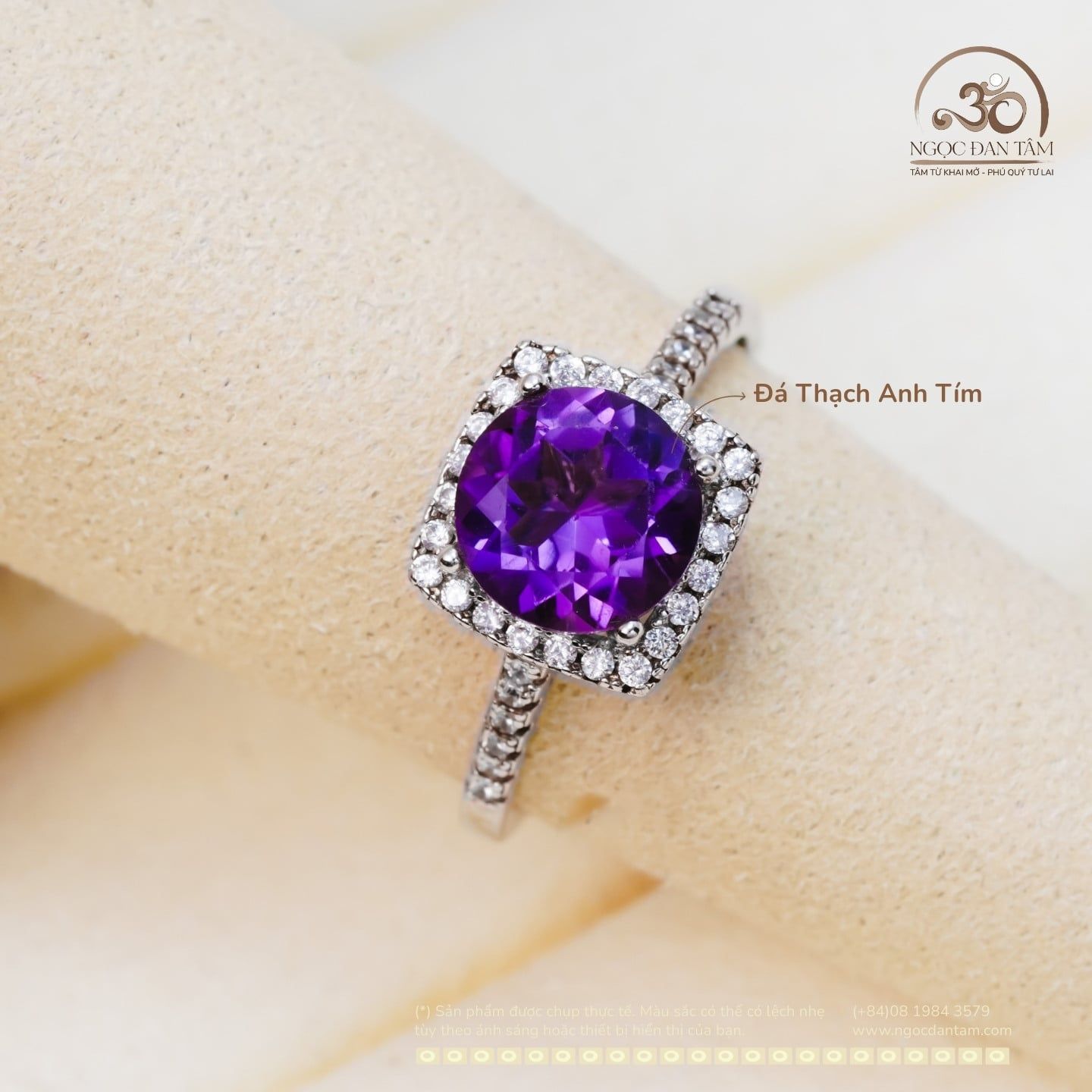  Nhẫn Bạc 925 Đính Đá Thạch Anh Tím 8mm 