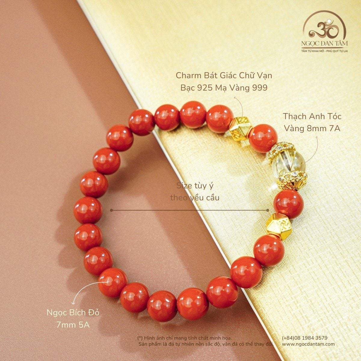  Vòng Tay Ngọc Bích Đỏ 7mm 5A Phối Charm 