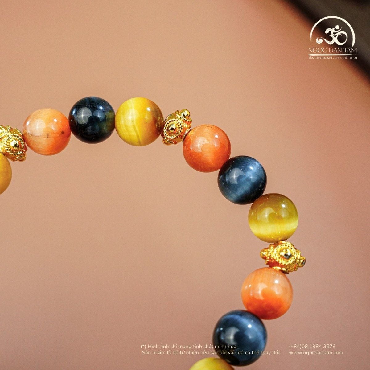  Vòng Tay Đá Mắt Hổ Tam Tài 8mm 5A Phối Charm 