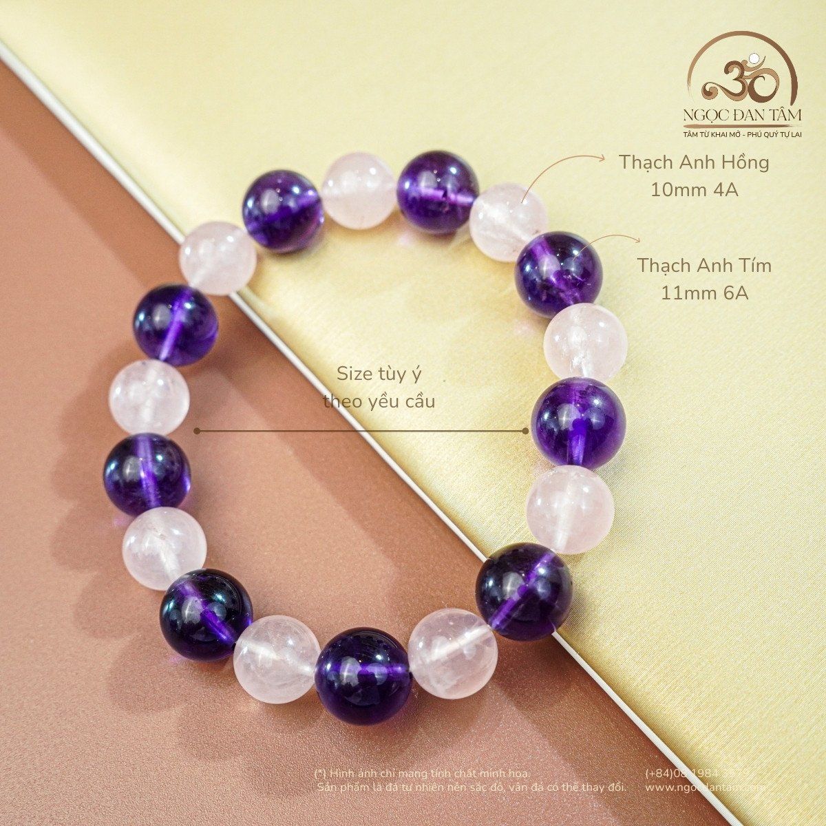  Vòng Tay Thạch Anh Tím 11mm 6A Phối Thạch Anh Hồng 10mm 4A 