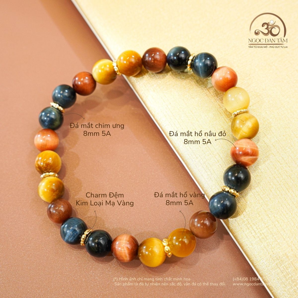  Vòng Tay Đá Mắt Hổ Tam Tài 8mm 5A Phối Charm (1) 