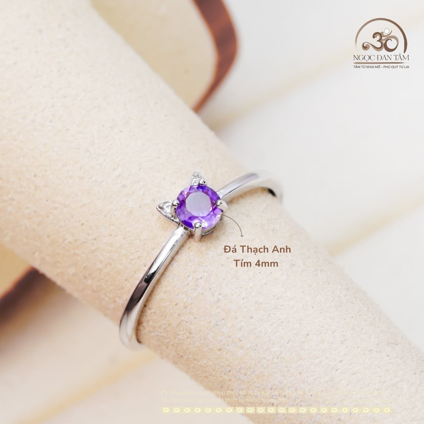  Nhẫn Bạc 925 Đính Đá Thạch Anh Tím 4mm 