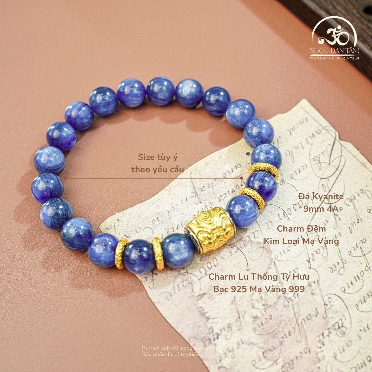  Vòng Tay Kyanite 9mm 4A Phối Charm Lu Thống Tỳ Hưu 