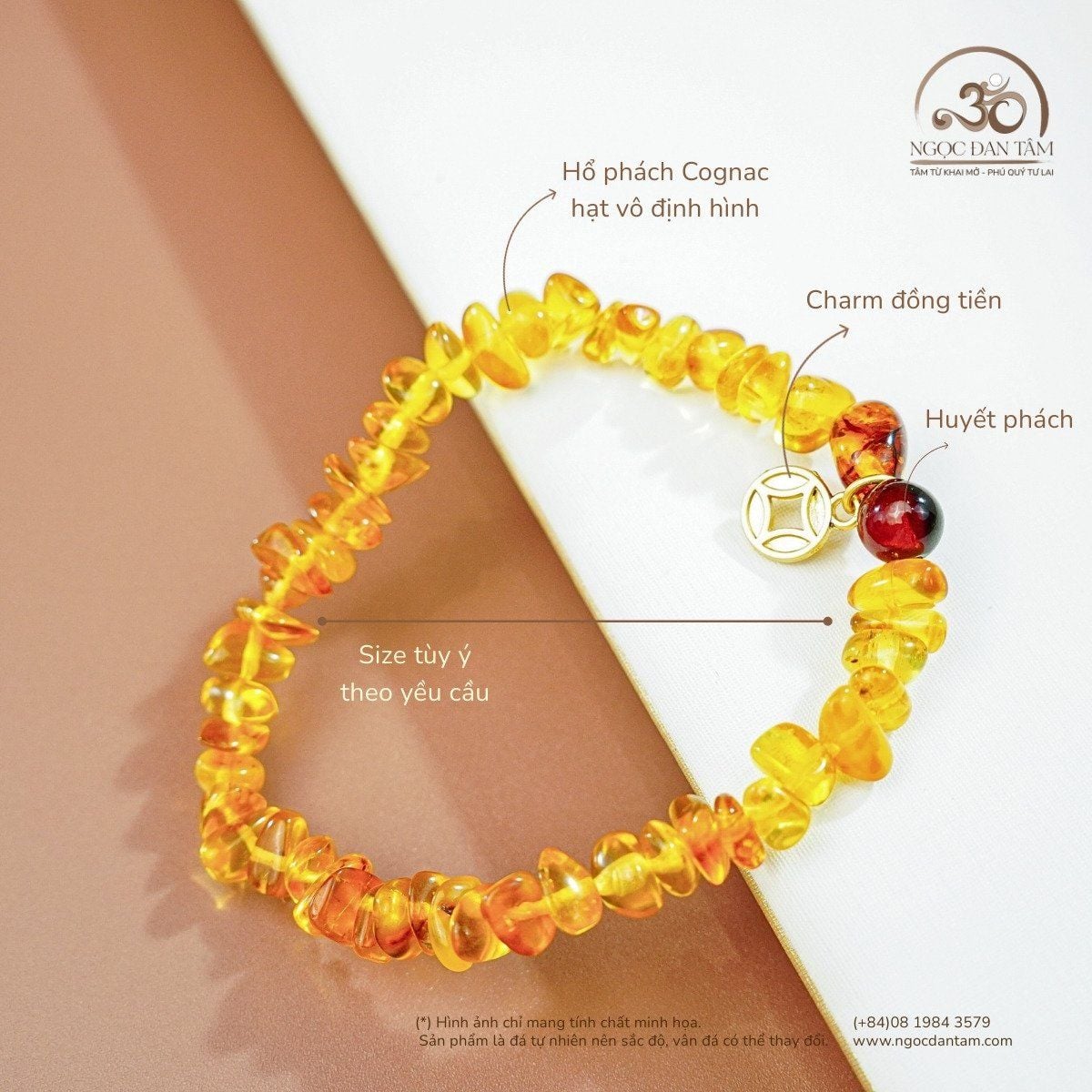  Vòng Tay Hổ Phách Phối Charm Đồng Tiền (50 Hạt -  5gram) 