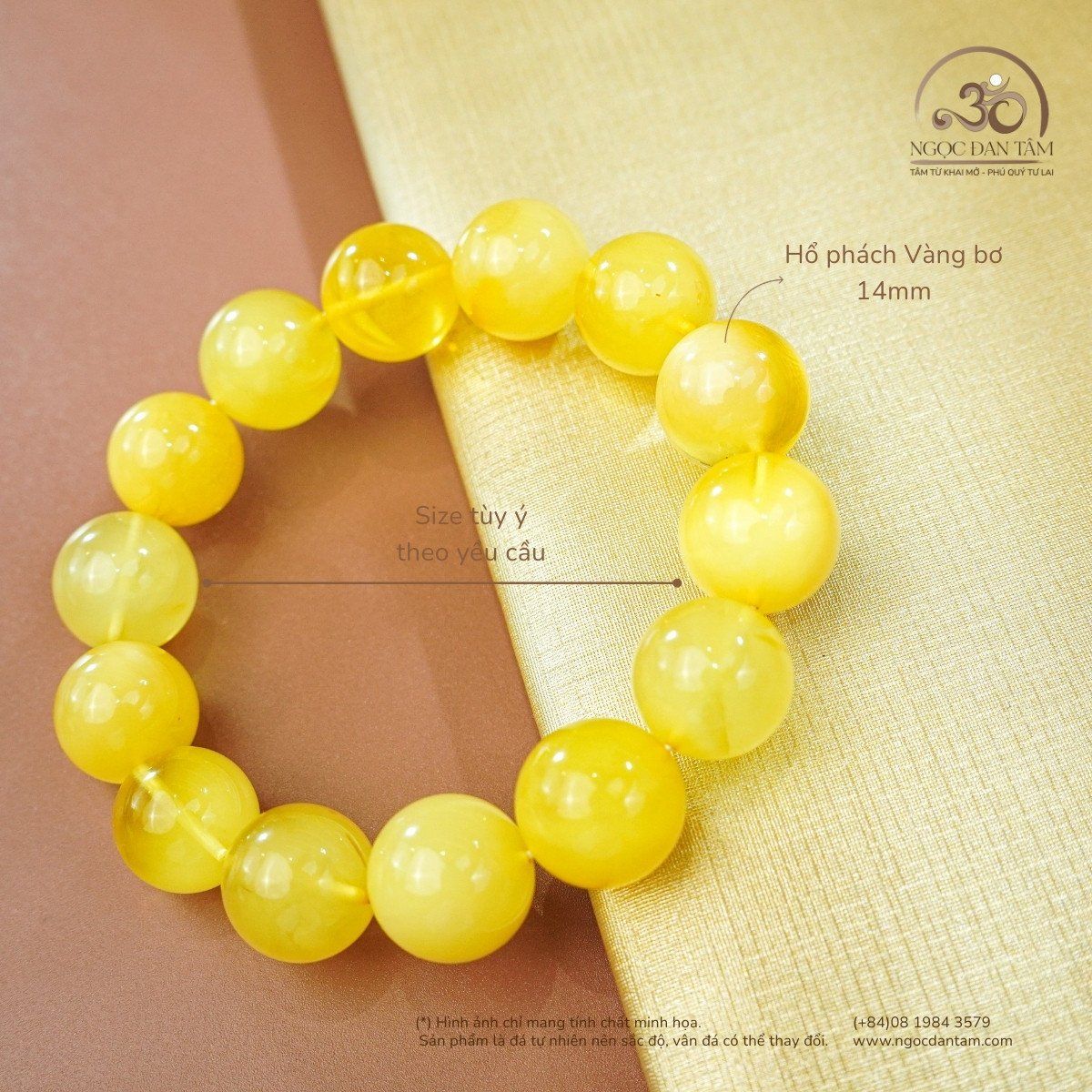 Vòng Tay Hổ Phách Vàng Bơ 14mm 24gram 